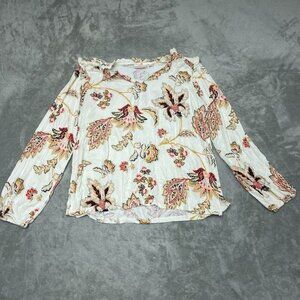 Belle By Kim Gravel Cream Floral Knit Blouse Rayon Spandex Size L a0160